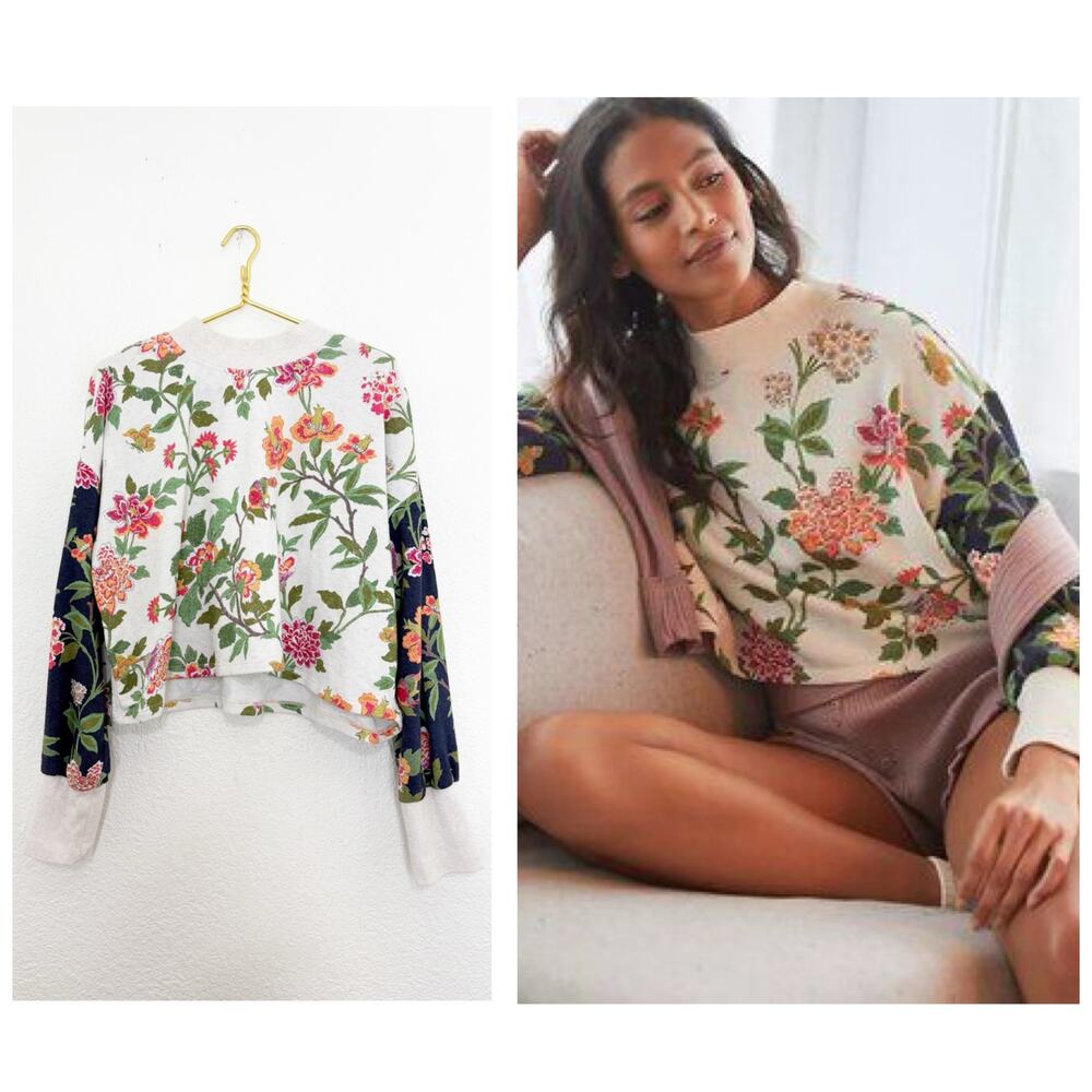 Anthropologie Daily Practice Mix Floral Crop Sweater Top Size XL Boho